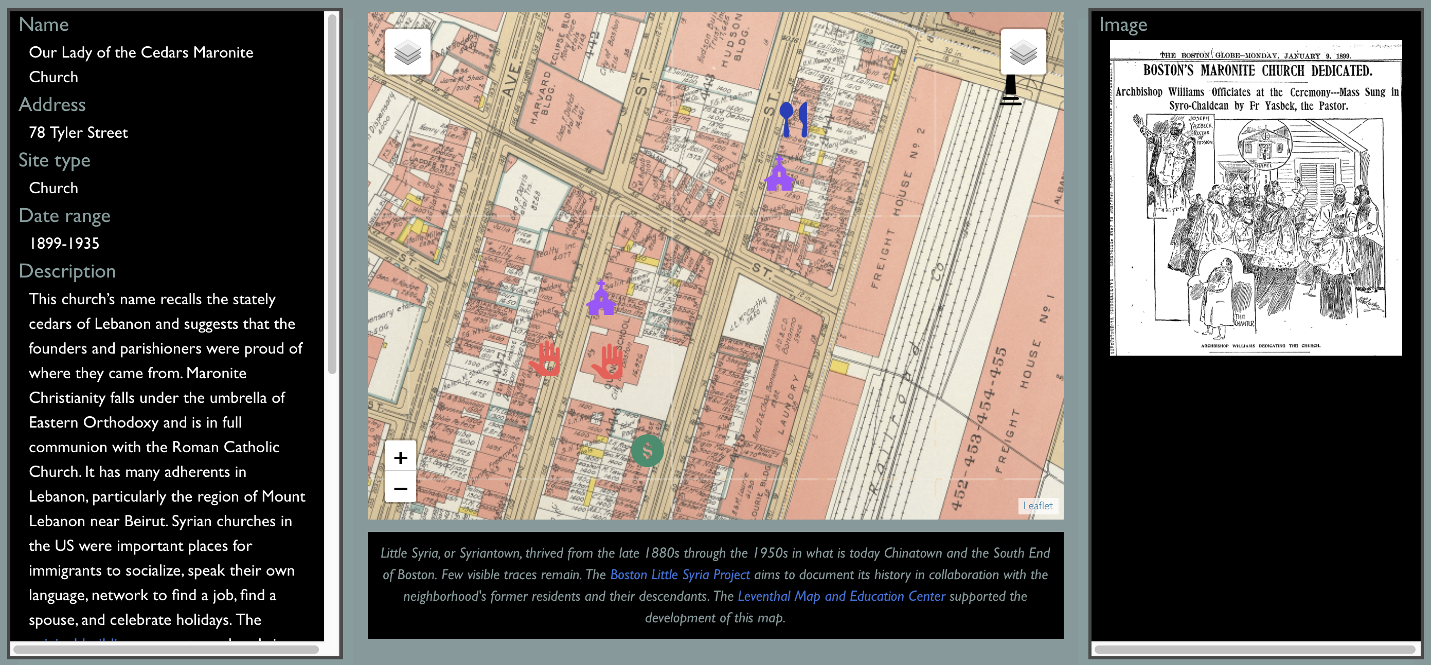 A cluster of Arab institutions along Tyler and Hudson Streets in 1938, including Our Lady of the Cedars Maronite Church, Maloof Records, and the Nile Restaurant. Explore the map to read more.