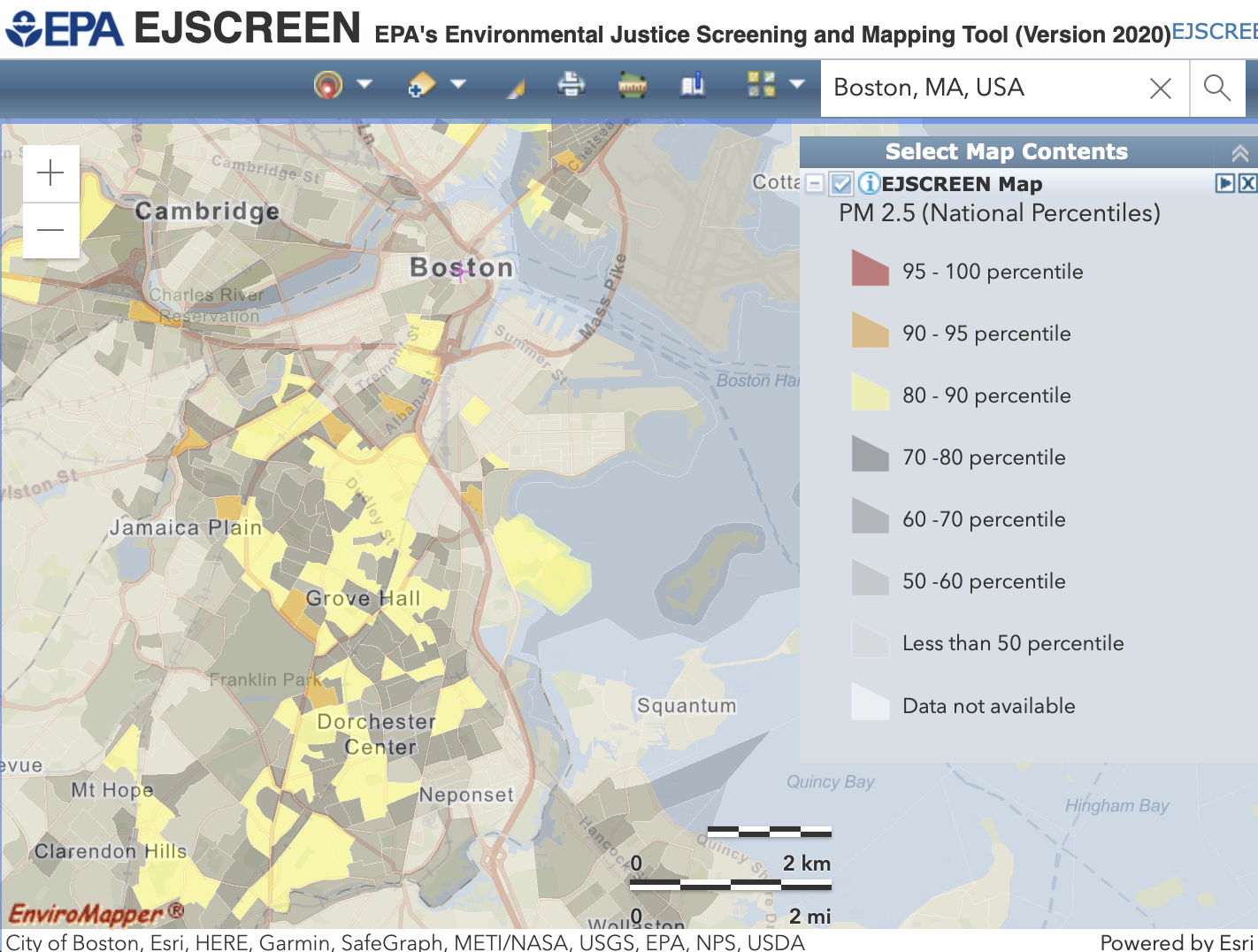 A screenshot from the EPA&rsquo;s EJSCREEN environmental justice mapping platform