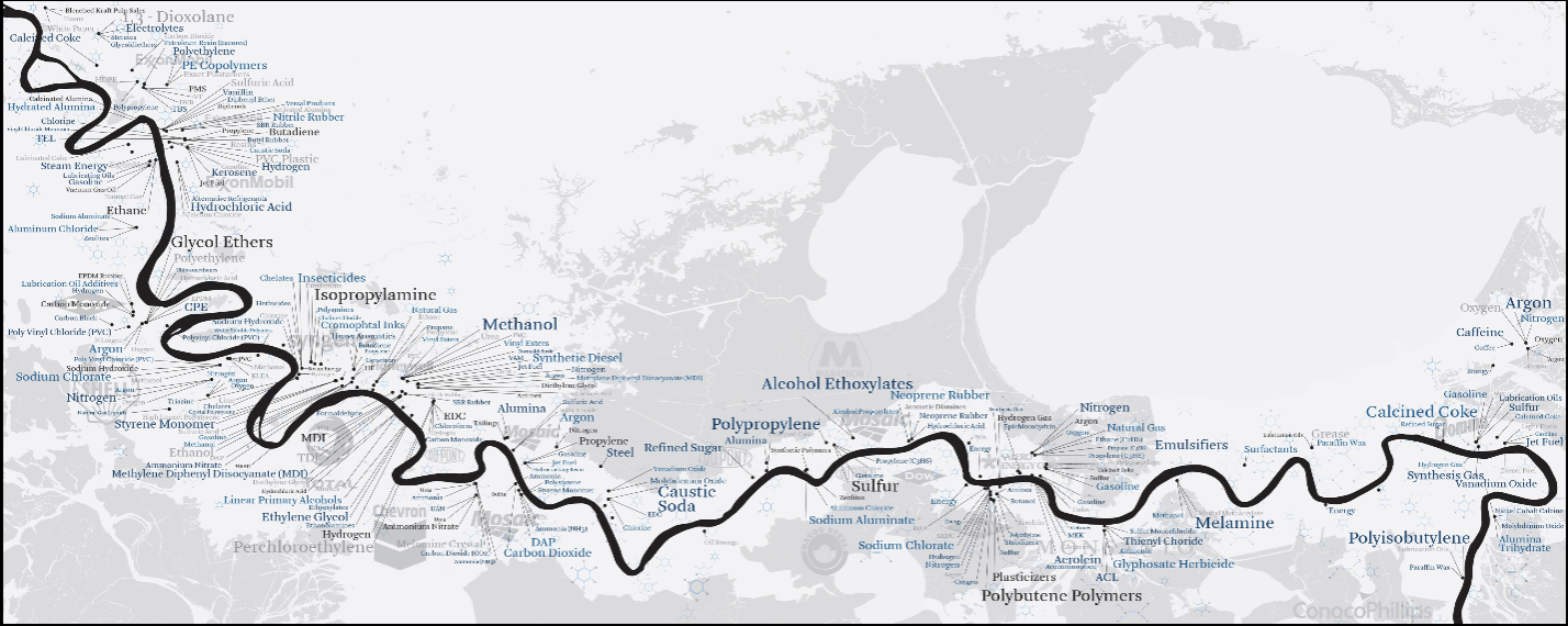 This map of the lower Mississippi River details the infamous “Cancer Alley,” where a concentration of petrochemical facilities has created a particularly hazardous combination of human and environmental forces.