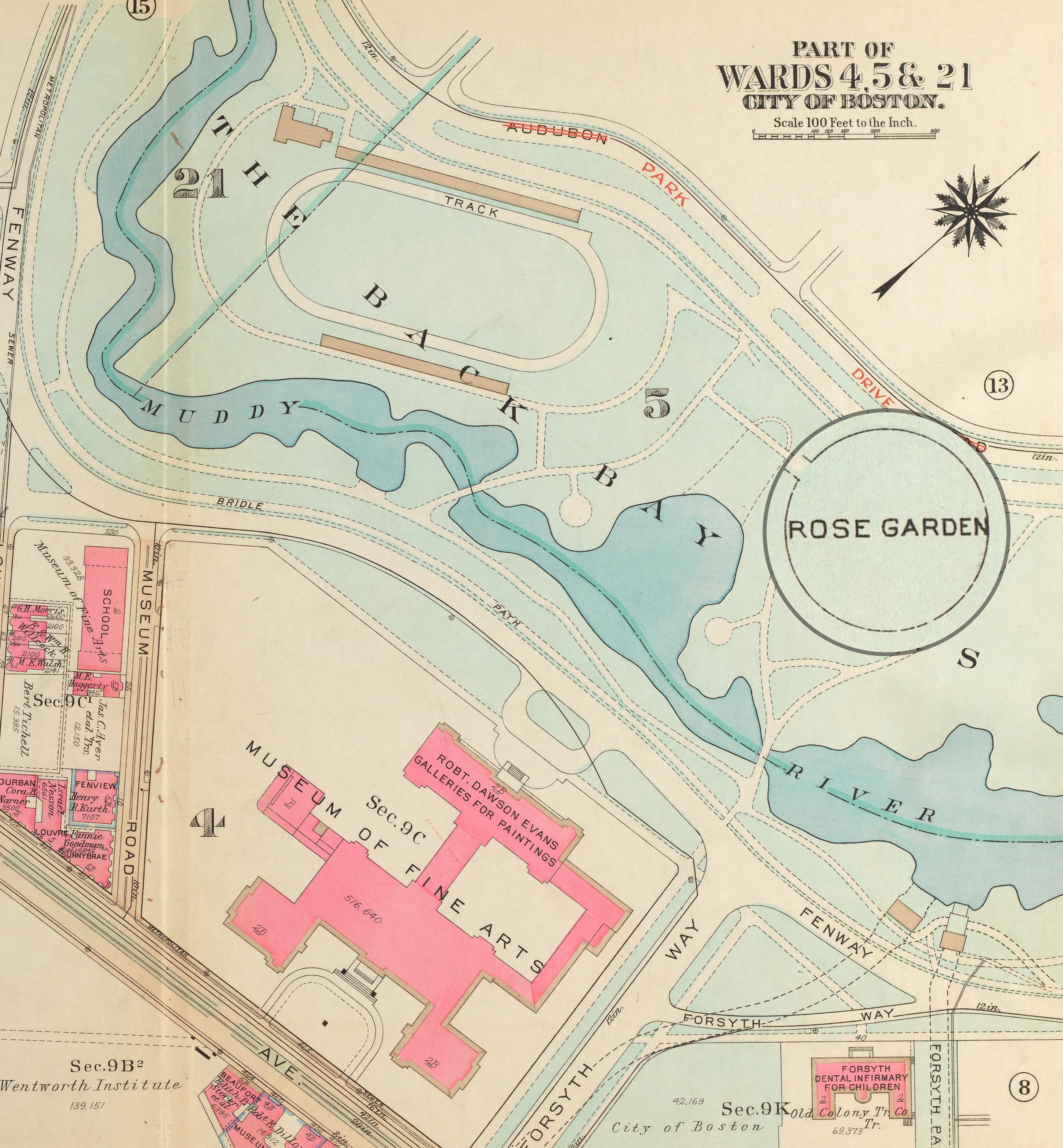 The Rose Garden is labelled on this 1931 atlas of the Back Bay Fens.