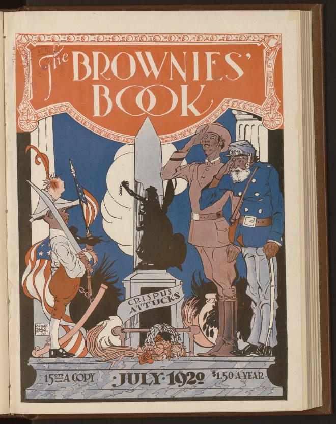 A 1920 cover from the Brownies&rsquo; Books featuring the Crispus Attucks monument in the Boston Common, from the Library of Congress.