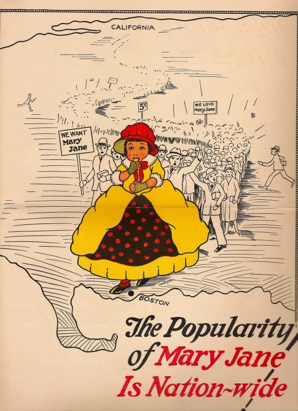 This mappy ad for Mary Jane shows a parade of people stretching across the nation from Boston to California, clamoring for the molasses-based sweet.