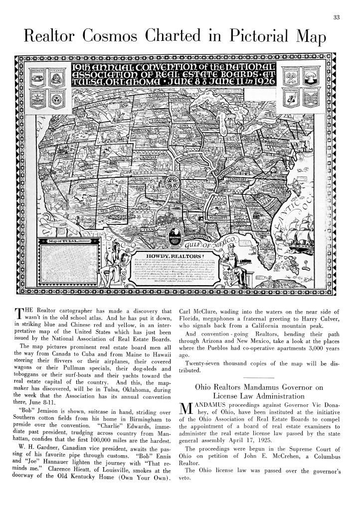 The 1926 NREJ contains a reprint of the NAREB map, with text encouraging Realtors to come to Tulsa. Courtesy of the National Association of Realtors&rsquo; archives.